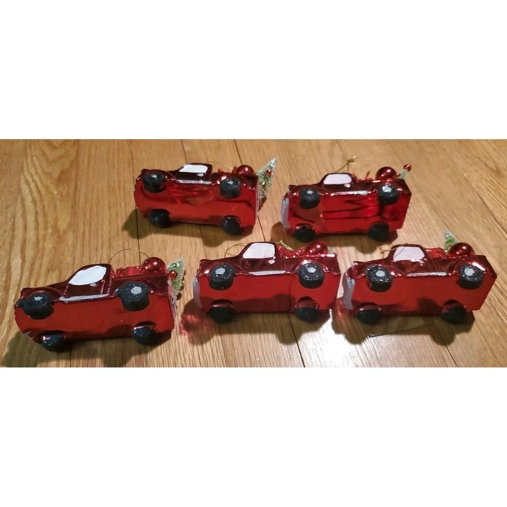 Retro Style Shiny Red Truck Christmas Ornaments Lot Of 5